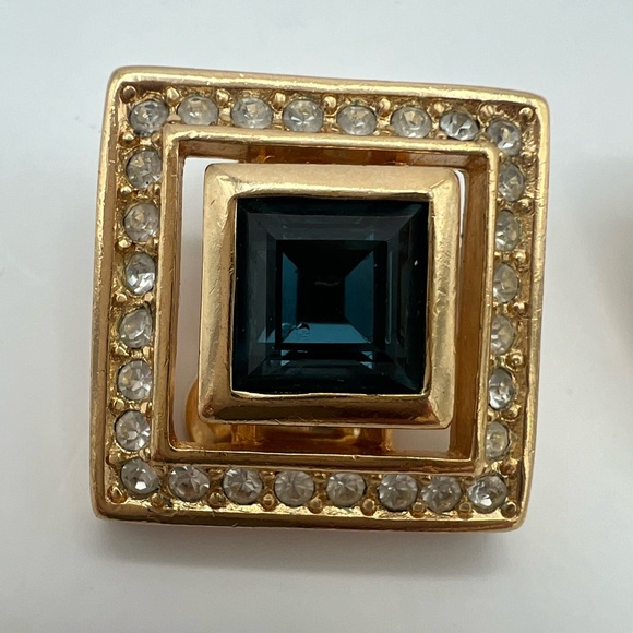 Christian Dior Vintage Blue and Clear Rhinestone Square Clip On Earrings - Picture 2 of 8